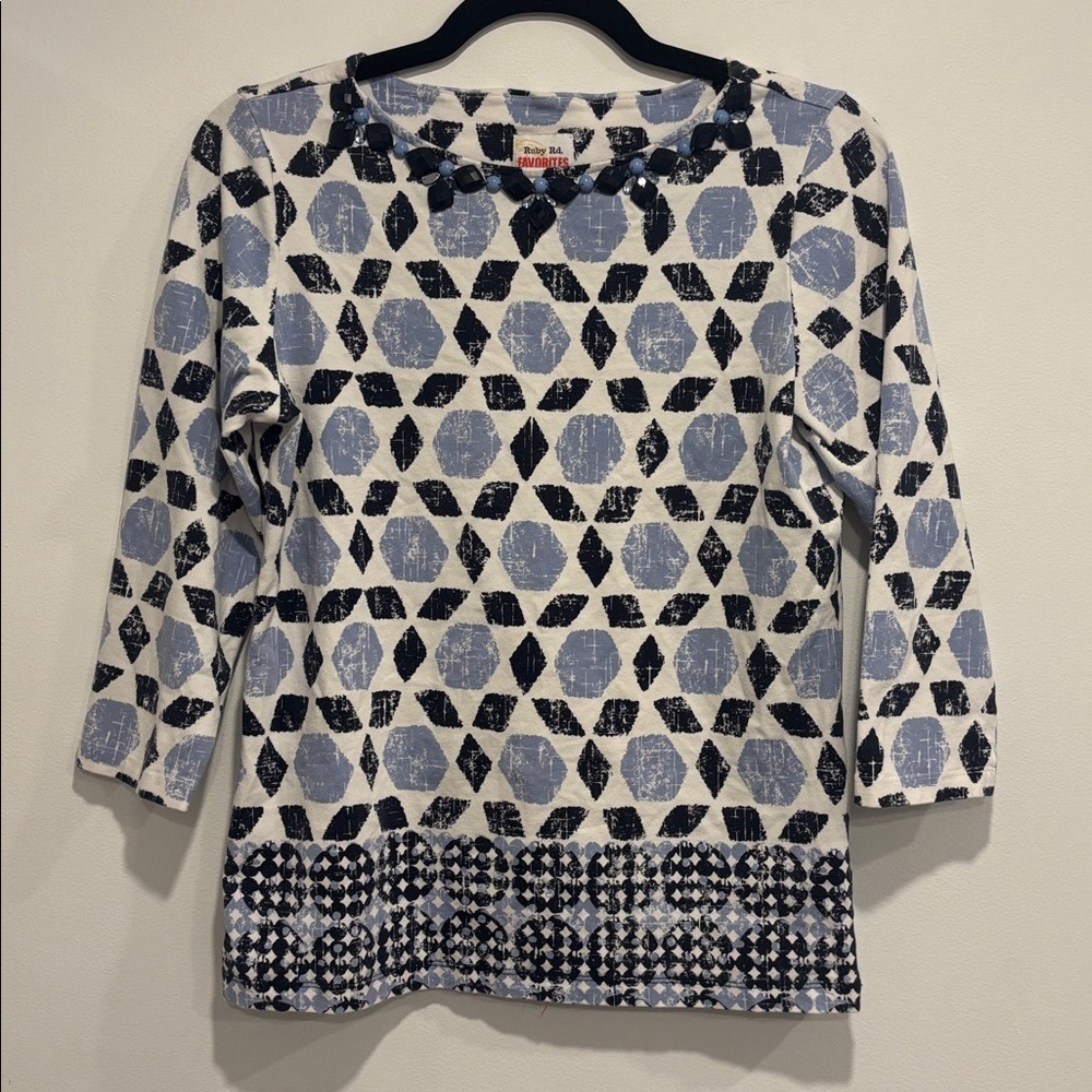 Ruby Rd. Blue and Black Patterned Top - Picture 1 of 8